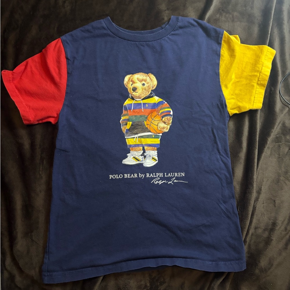 Polo by Ralph Lauren Navy Tee with Red & Yellow Sleeves and Polo Bear Graphic
